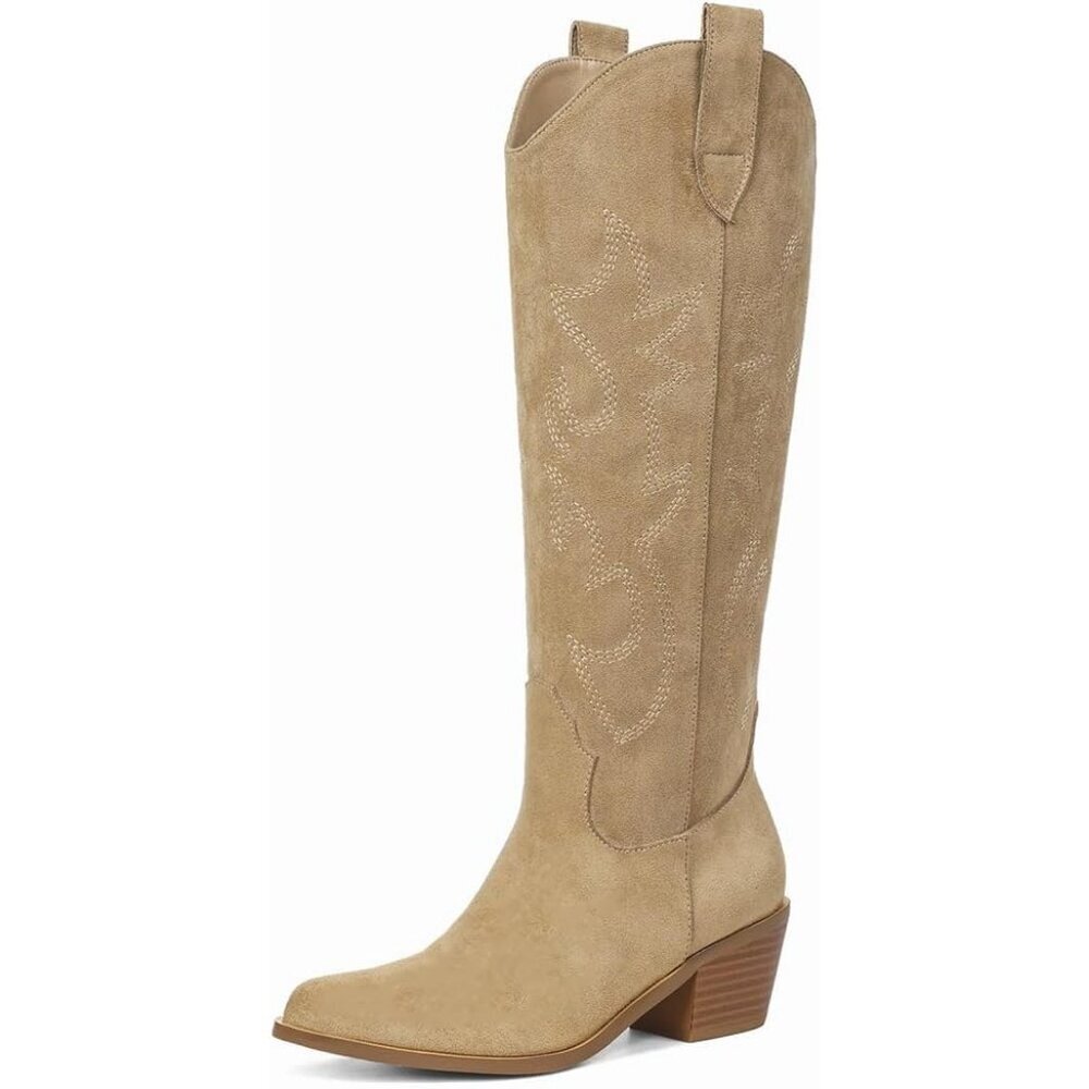 Women Embroidered Pull-On Chunky Stacked Heel Knee High Western Boots Taupe
